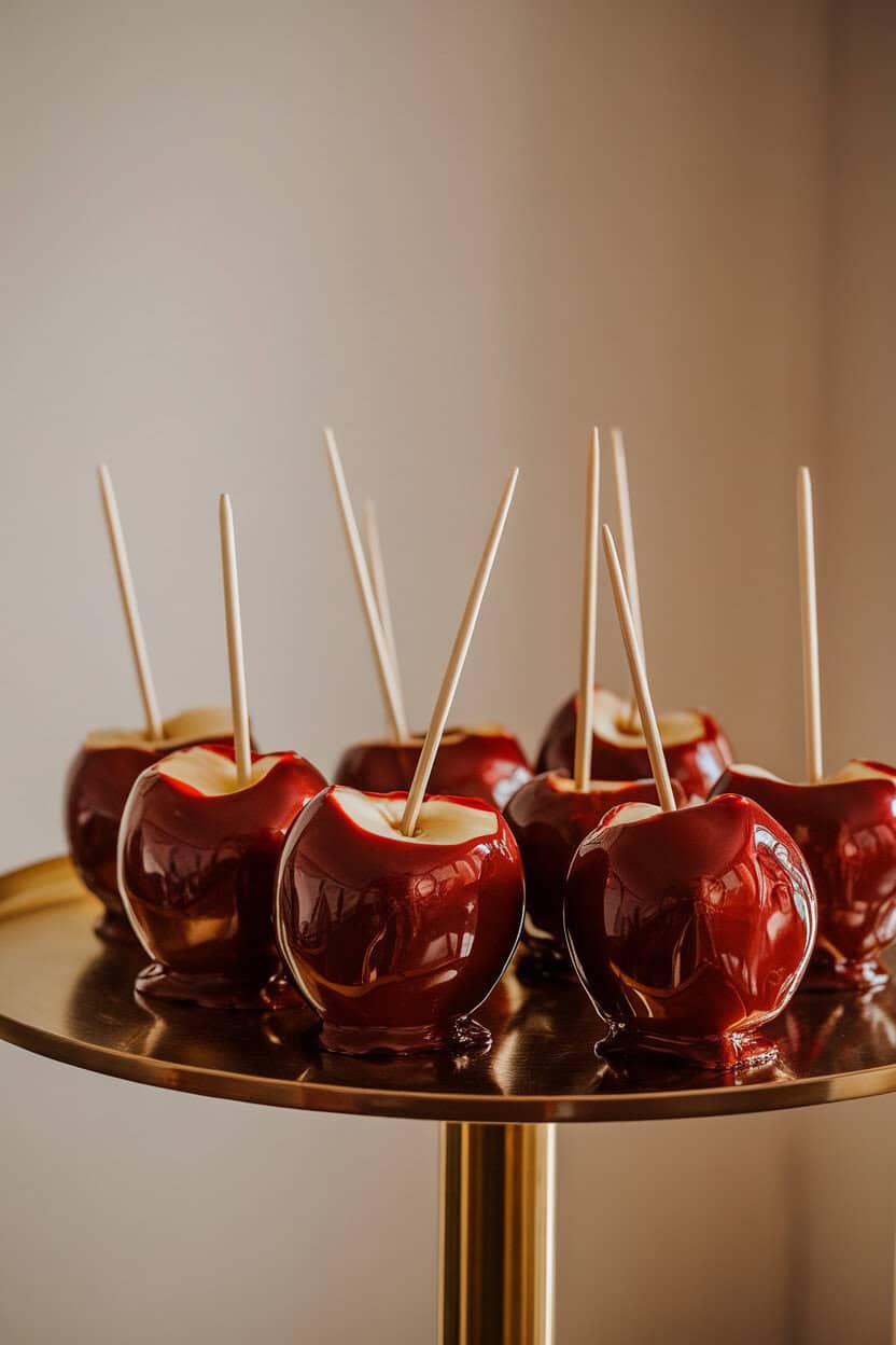 Photo, not illustration — indoor table showing glossy deep-red caramel-coated apple halves on wooden sticks, light reflecting off the candy shell; no text or logos