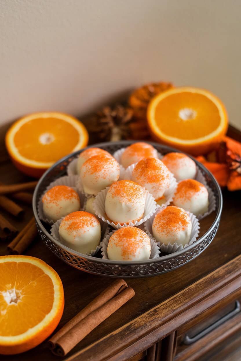 An indoor dessert tray featuring round white-chocolate-coated truffles dusted with orange pumpkin spice sugar. No logos or text; photo only.