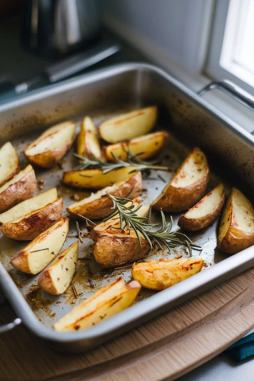 Photo of a shallow roasting pan on an indoor counter filled with crispy roast potato wedges flecked with minced garlic and rosemary needles, soft overhead lighting, no text or logos.