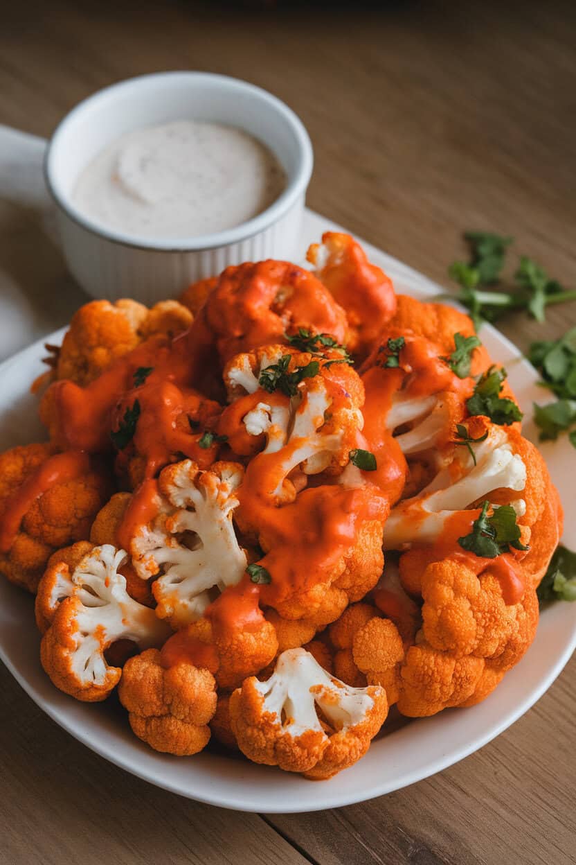 Indoor platter of roasted cauliflower florets coated in bright orange buffalo sauce, small cup of ranch dressing nearby, no text or logos, photo style