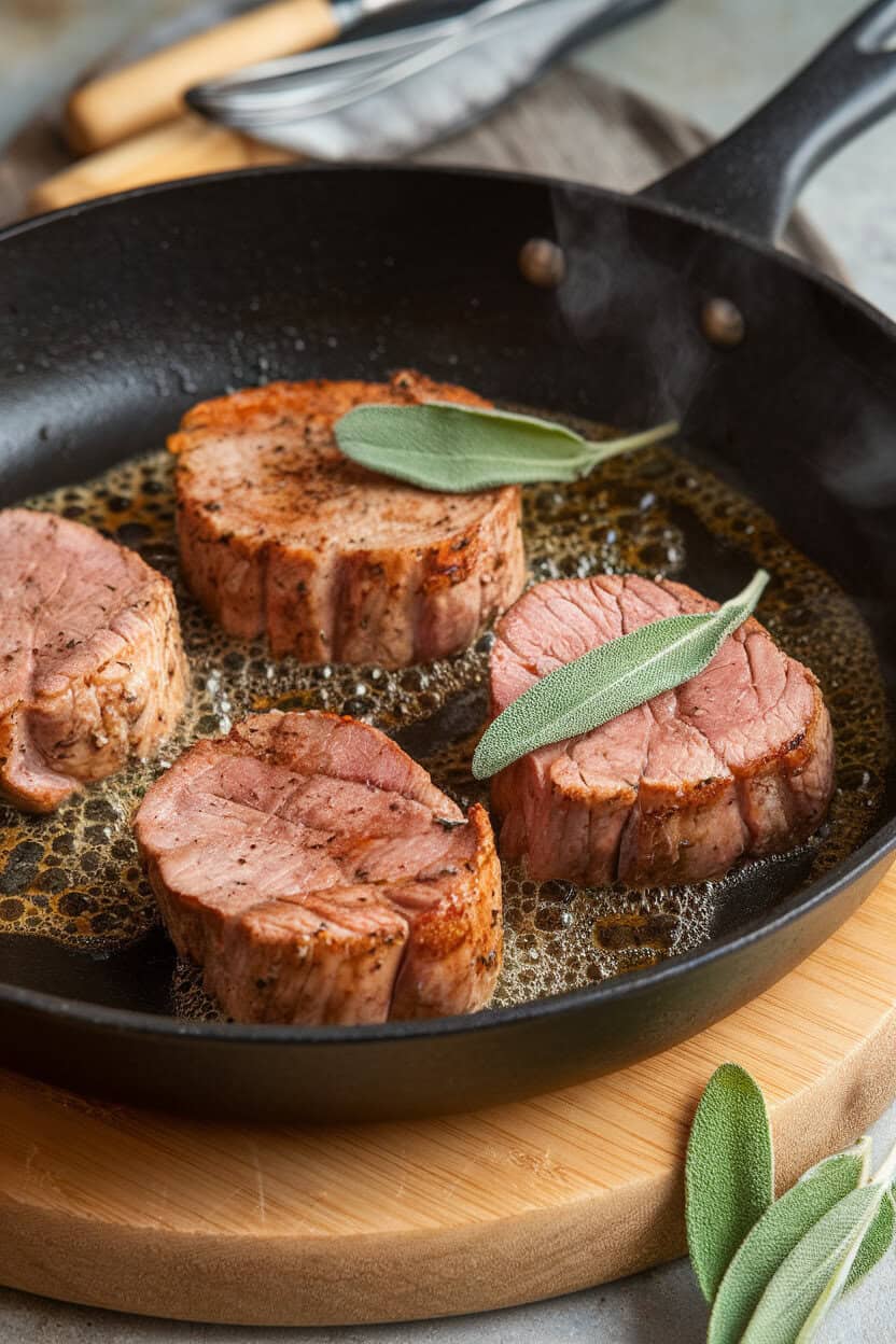Indoor skillet with bubbling brown butter and sage leaves beside seared pork loin medallions; no branding or text.