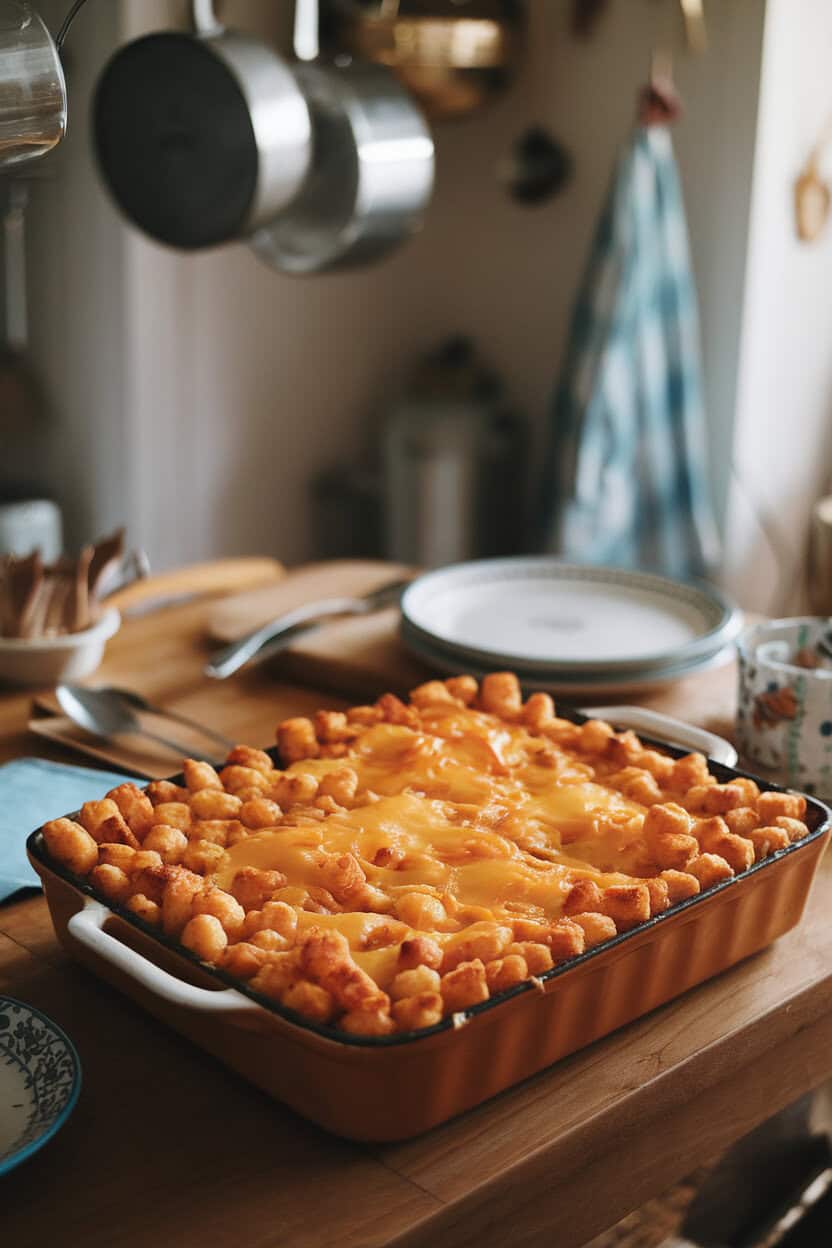 Indoor family kitchen table displaying a casserole crowned with perfectly arranged golden tater tots, melted cheddar peeking through. No text or branding. Photo only.