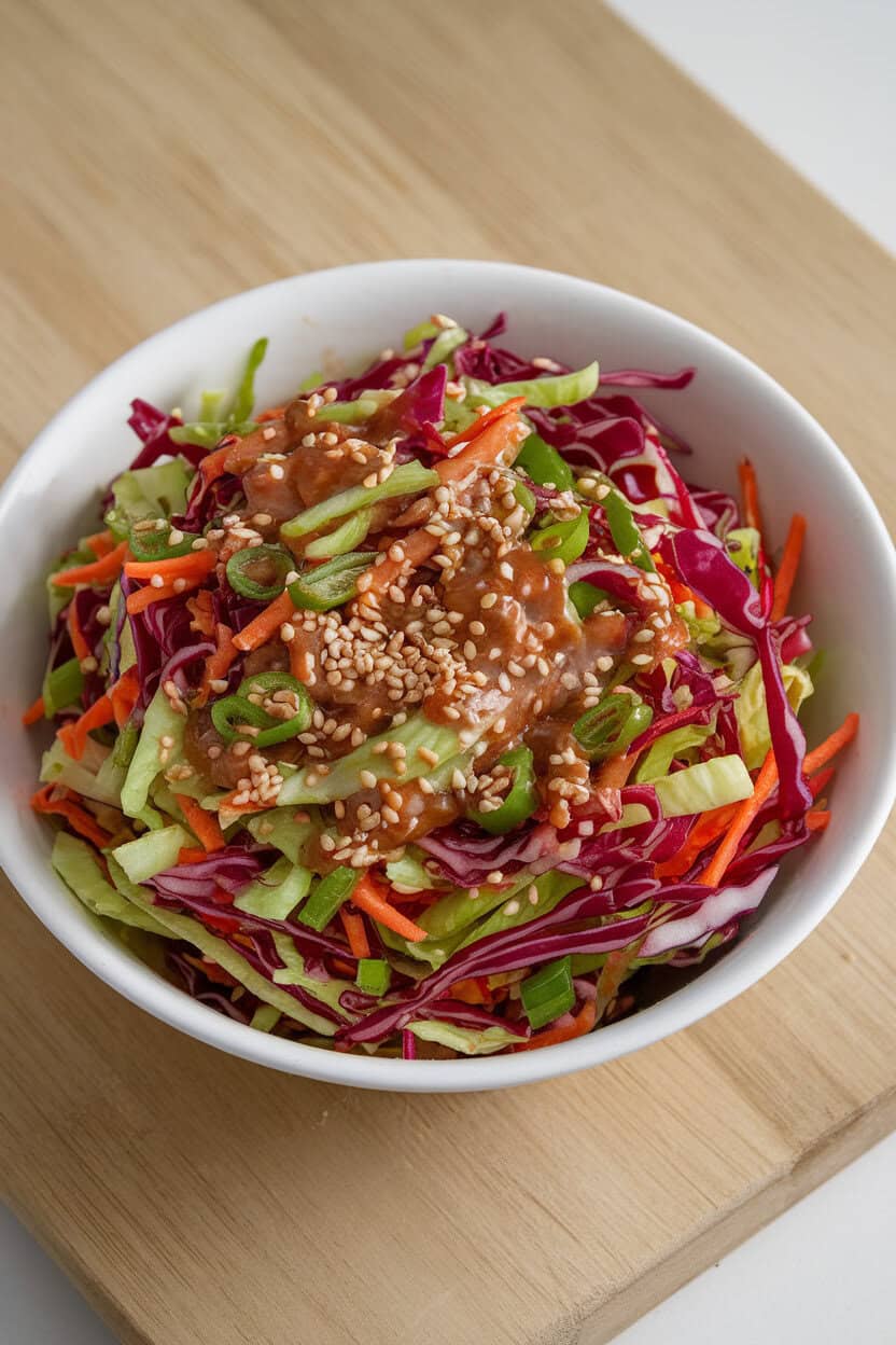An indoor bowl of colorful cabbage slaw tossed in a glossy sesame dressing, sprinkled with toasted sesame seeds. Even lighting, no logos or text. Photo only.