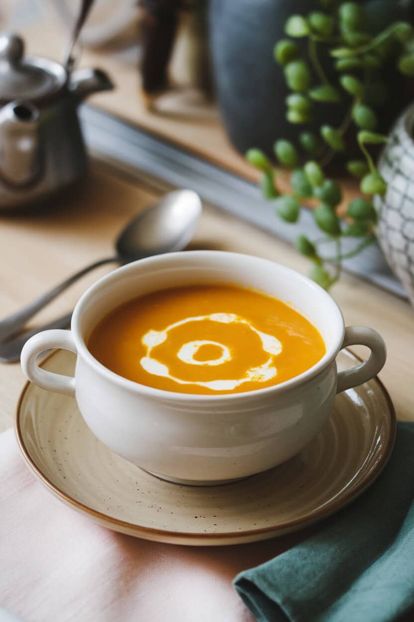 A white soup bowl filled with velvety orange butternut squash soup, swirl of cream on top, indoor table scene, no text or logos.