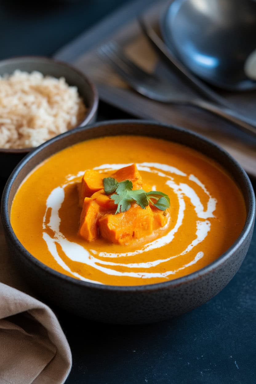 A warmly lit indoor bowl of vibrant orange butternut squash curry, coconut milk swirl on top, surrounded by a small bowl of rice. No text or logos. Photo, not illustration.