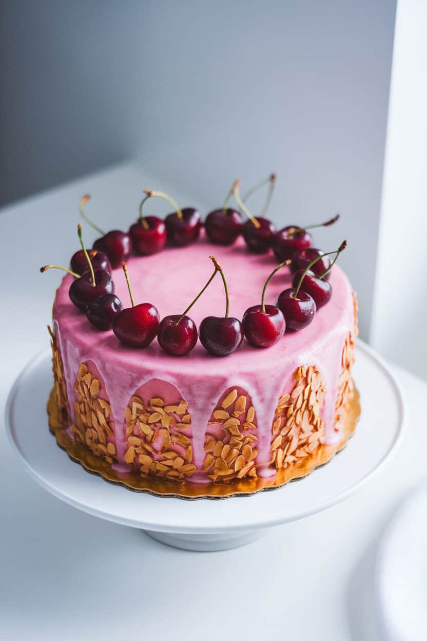 Indoor photo of a pink-tinted cherry cake with almond glaze and whole cherries arranged in a circle, no text or logos