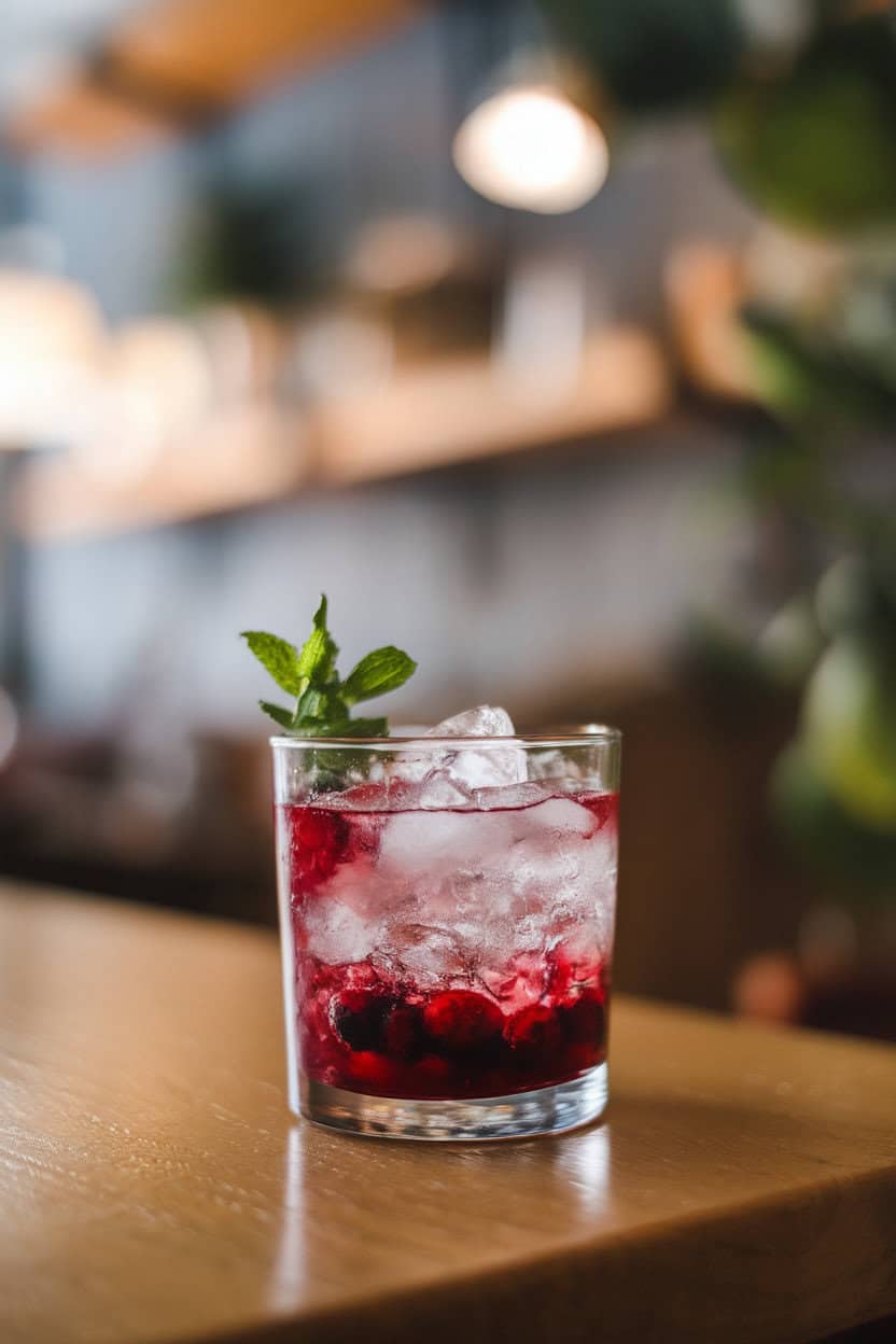 Photo of a rocks glass indoors, muddled cranberries visible at bottom, crushed ice piled high, short sprig of mint crowning the drink. No text or logos.