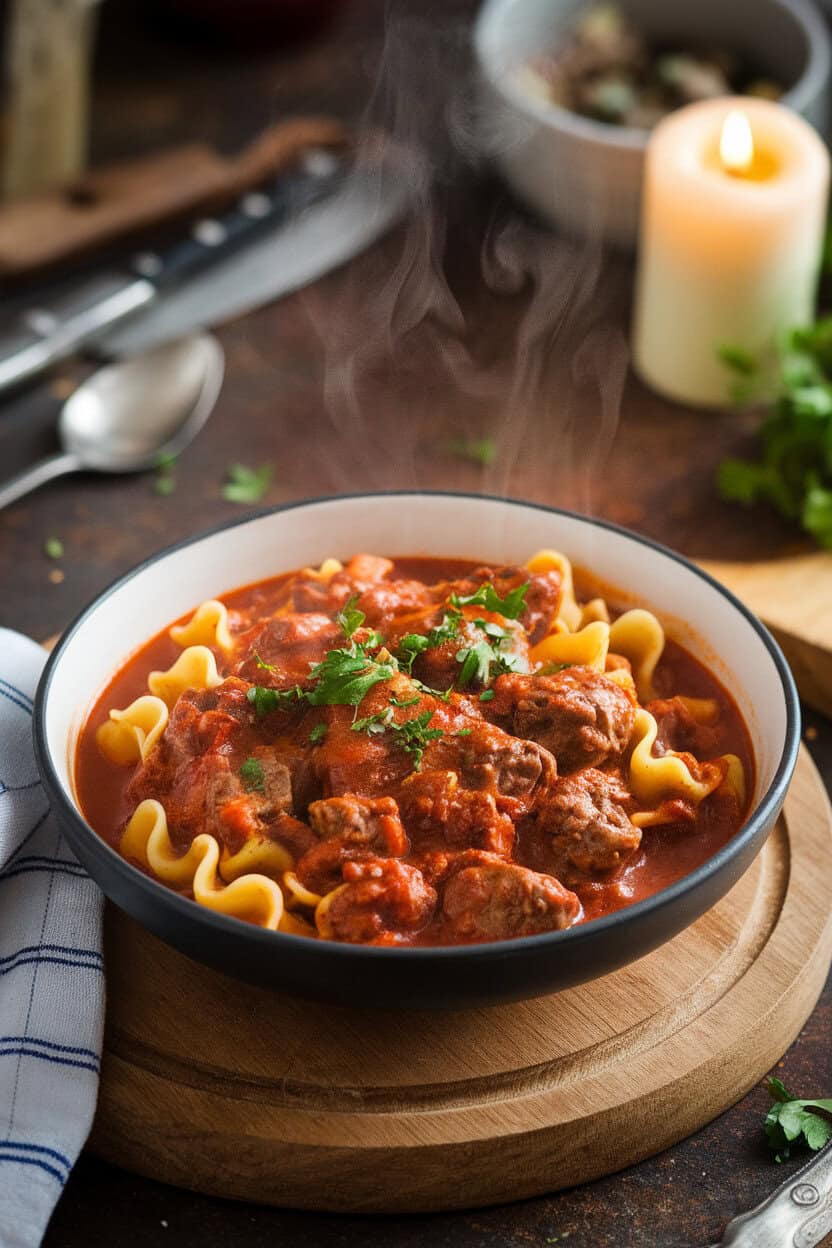 Indoor photo of a bowl of beef goulash with paprika-rich sauce and egg noodles, steam visible. No text or logos anywhere in the scene.