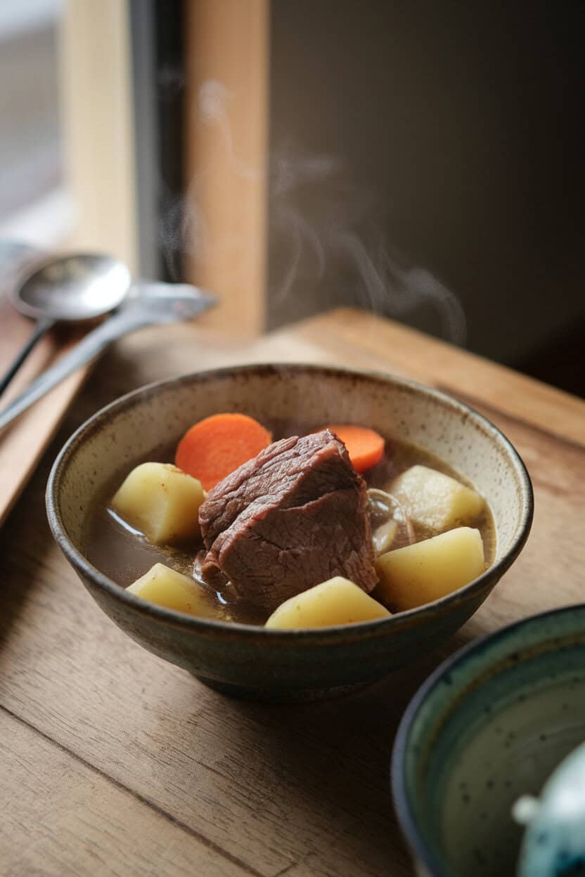 A cozy indoor table with a rustic bowl of braised beef, potatoes, and carrots in a light soy-broth, steam visible above the dish. No text or logos anywhere. Photo, not illustration.