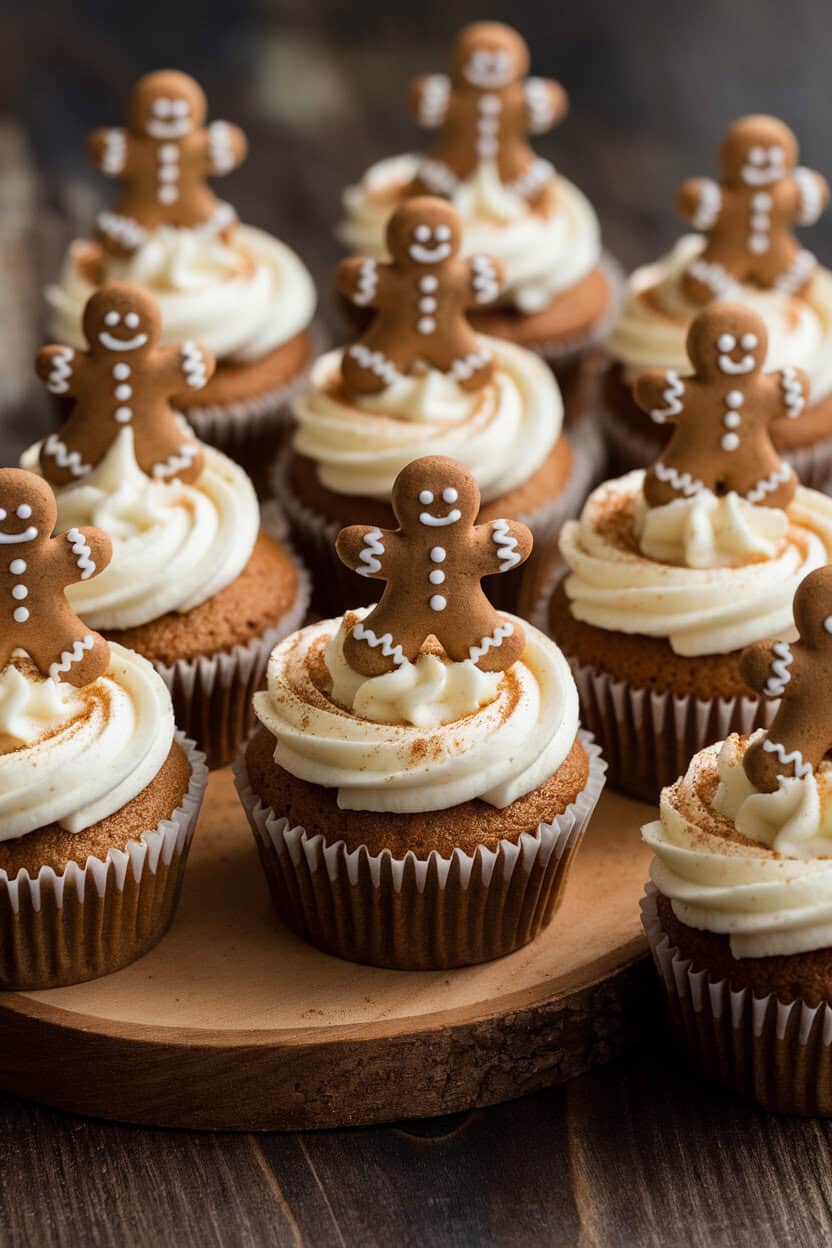 Indoor shot of gingerbread cupcakes crowned with cream cheese frosting and tiny gingerbread men toppers. No text or logos. Photo, not illustration.