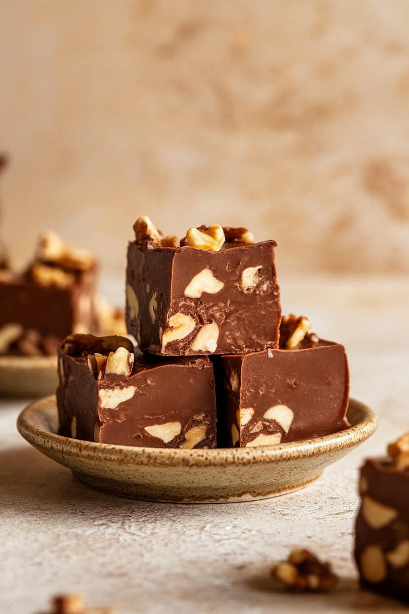 Indoor close-up of maple fudge squares studded with walnut pieces on a small ceramic plate. No text or logos. Photo, not illustration.