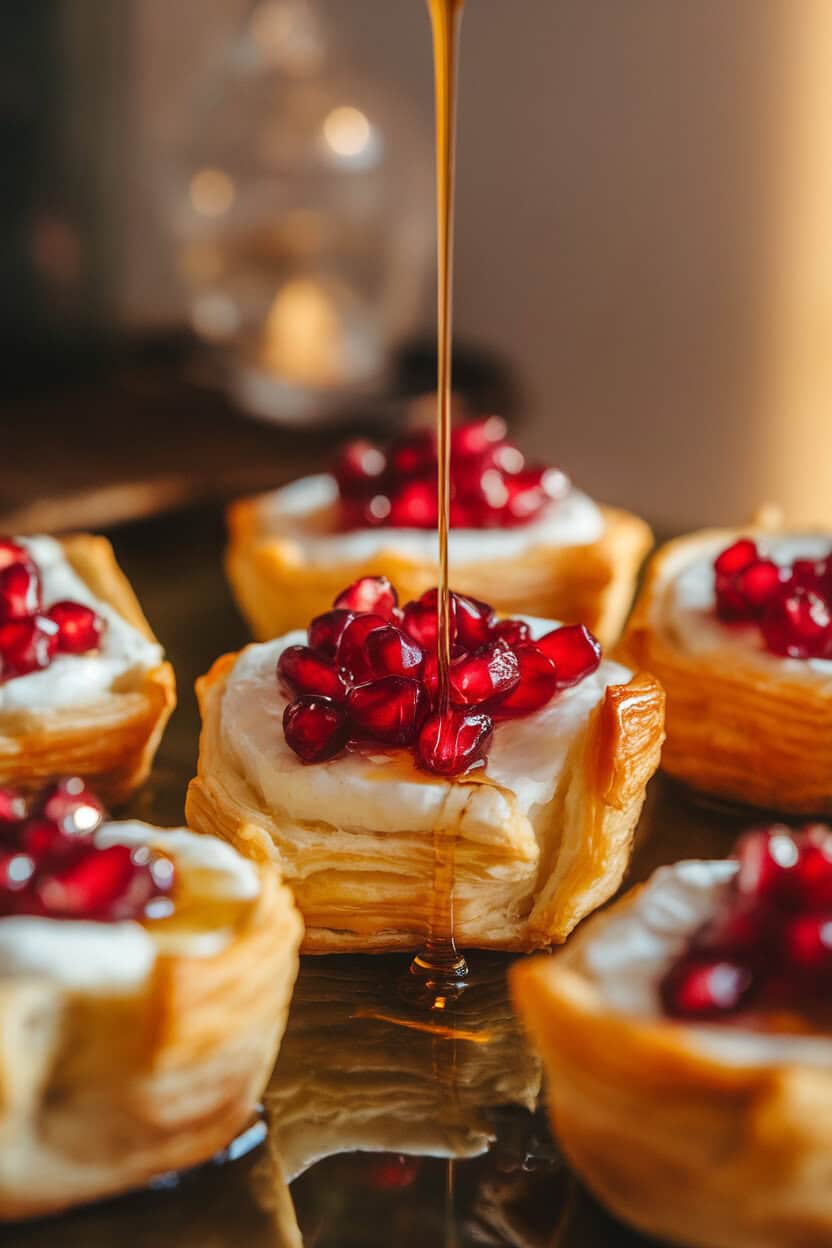 Indoor tabletop photo of flaky puff-pastry cups filled with melted brie and topped with ruby pomegranate arils, a light drizzle of honey glistening under warm lighting. No text or logos.
