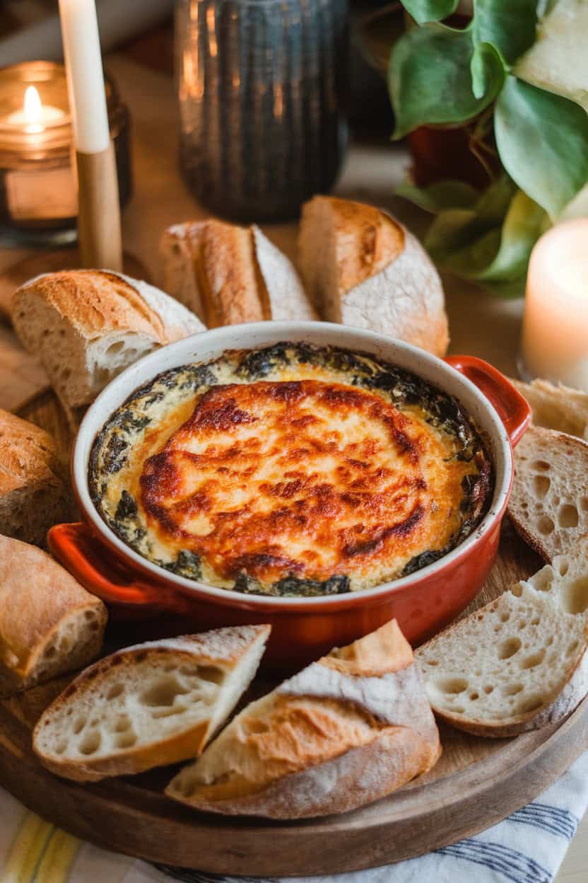 A cozy indoor scene showing a ceramic dish of bubbling spinach-artichoke dip with a browned cheese crust, surrounded by sliced baguette. No text or logos. Photo, not illustration.