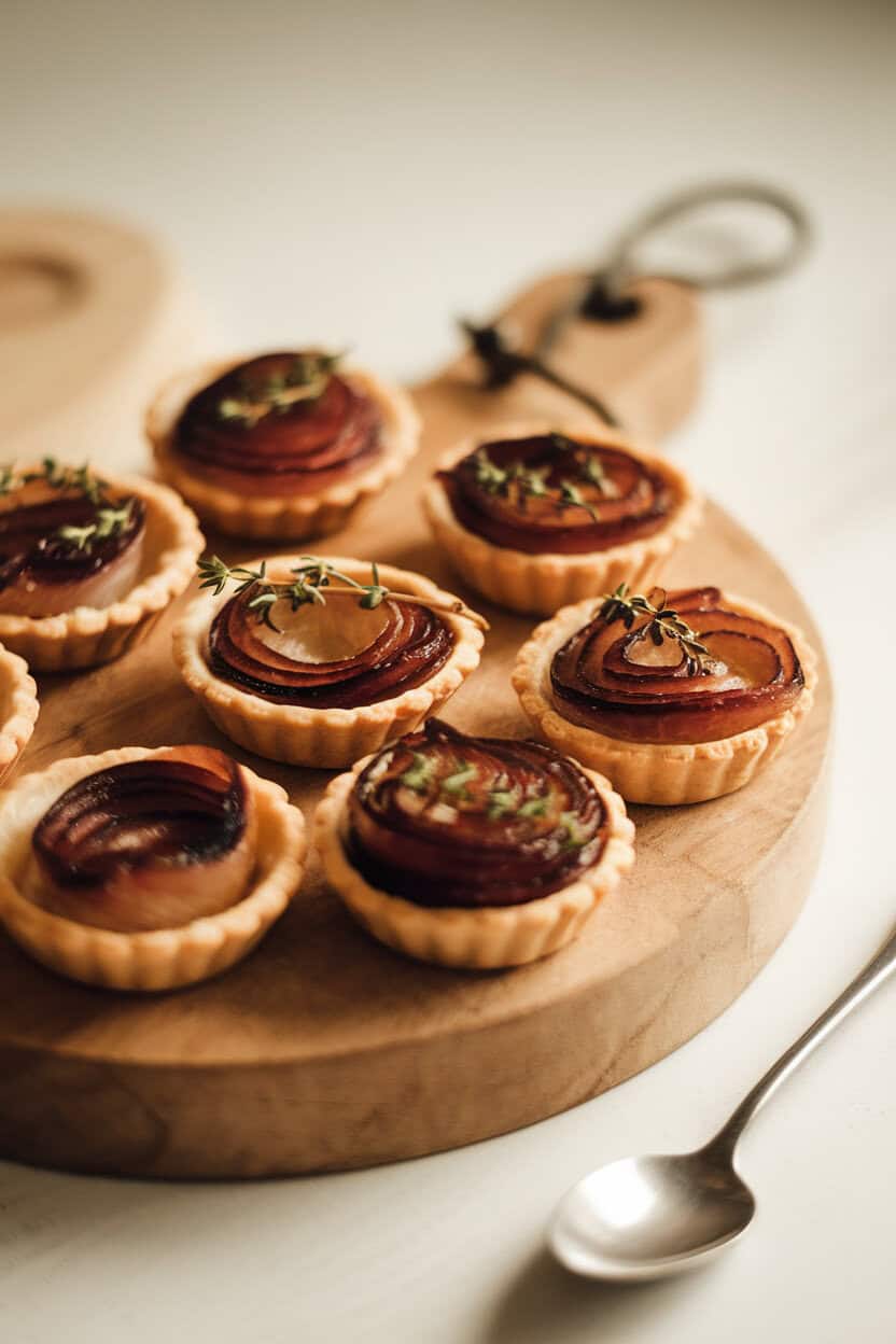 Indoor pastry board with small tartlet shells filled with deeply golden caramelized onions and thyme—side lighting, no text or logos.