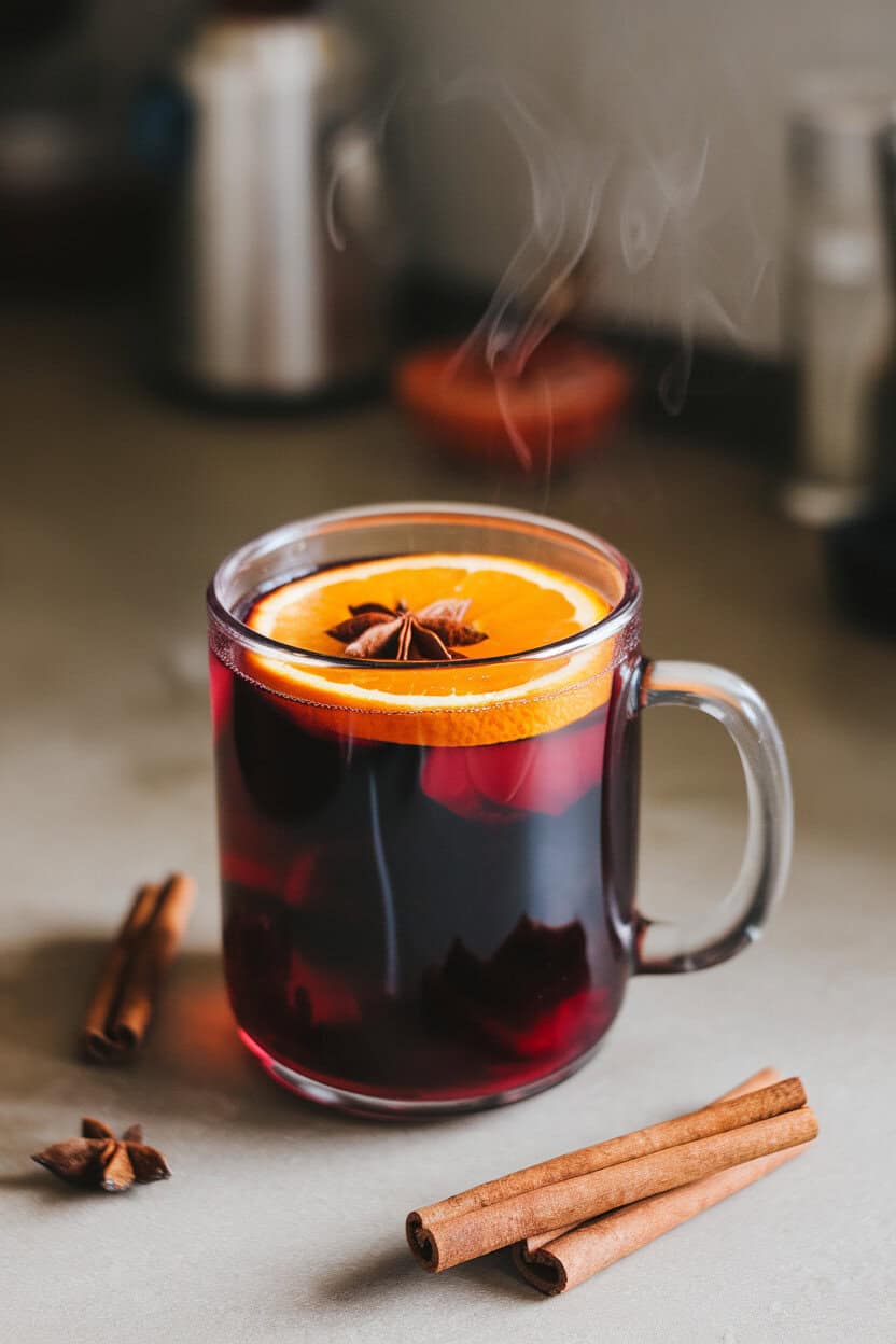 Photo of a steaming mug of deep-red mulled wine on an indoor countertop, garnished with an orange wheel and star anise floating on top, surrounded by scattered cinnamon sticks. No text or logos.