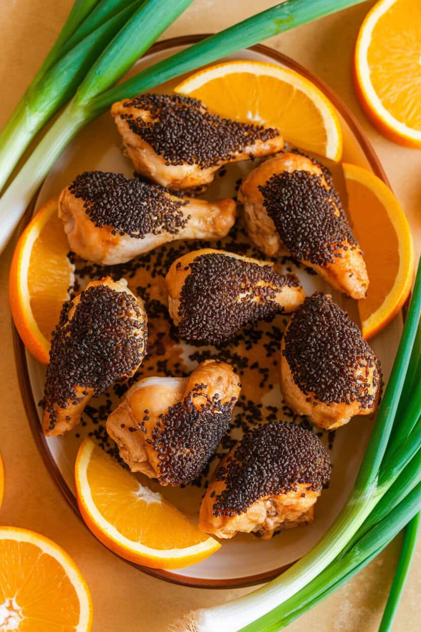 Photo, not illustration — indoor platter of soy-glazed baked chicken drumettes coated in black sesame seeds for a wing-like look; warm overhead light, no text or logos