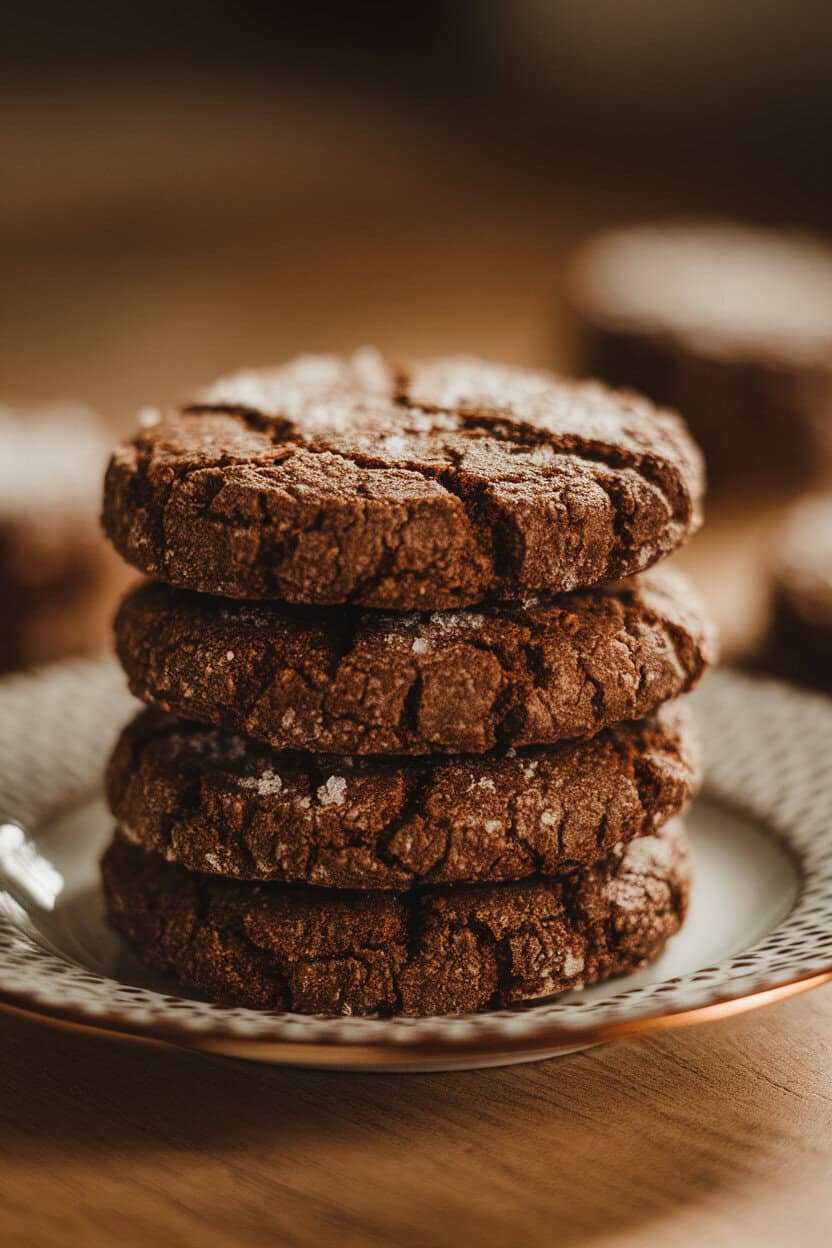 A stack of dark molasses cookies on a patterned indoor plate, sugar crystals sparkling under warm light. No text or logos. Photo, not illustration.