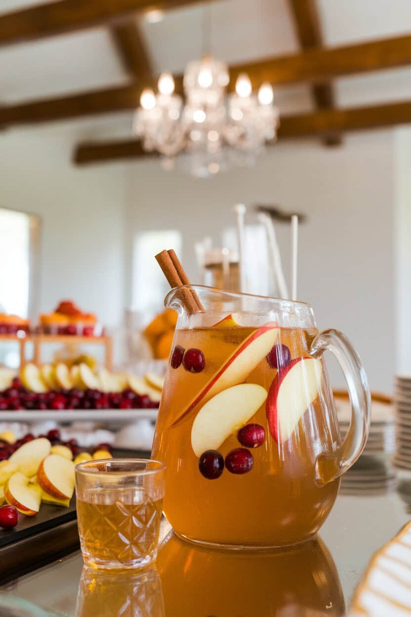 Indoor party buffet with a pitcher of golden sangria, apple slices, cinnamon sticks, and cranberries floating, small glass beside; no text or logos