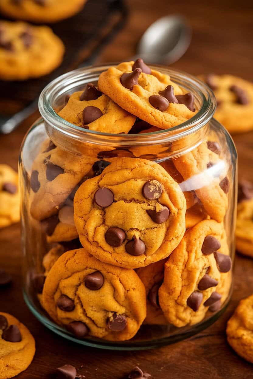 An indoor cookie jar overflowing with pumpkin chocolate chip cookies, orange hue visible among chocolate bits. No text or logos.