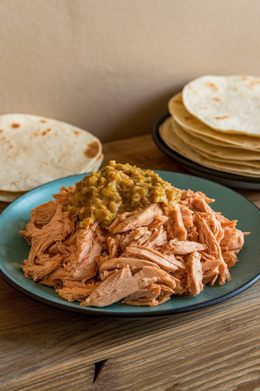 A plate of shredded salsa verde chicken with warm tortillas stacked nearby, indoor setting, no text or logos.