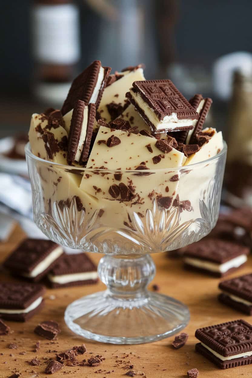 Indoor photo of white-chocolate toffee dotted with crushed chocolate sandwich cookies. No text or logos.