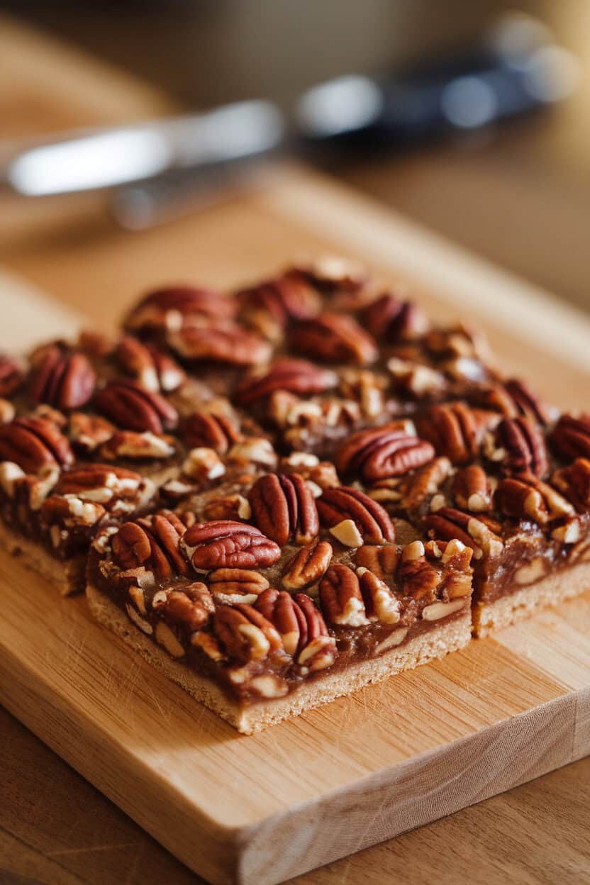 Photo taken indoors of square cookie bars with glossy pecan topping on a wooden cutting board, no text or logos.