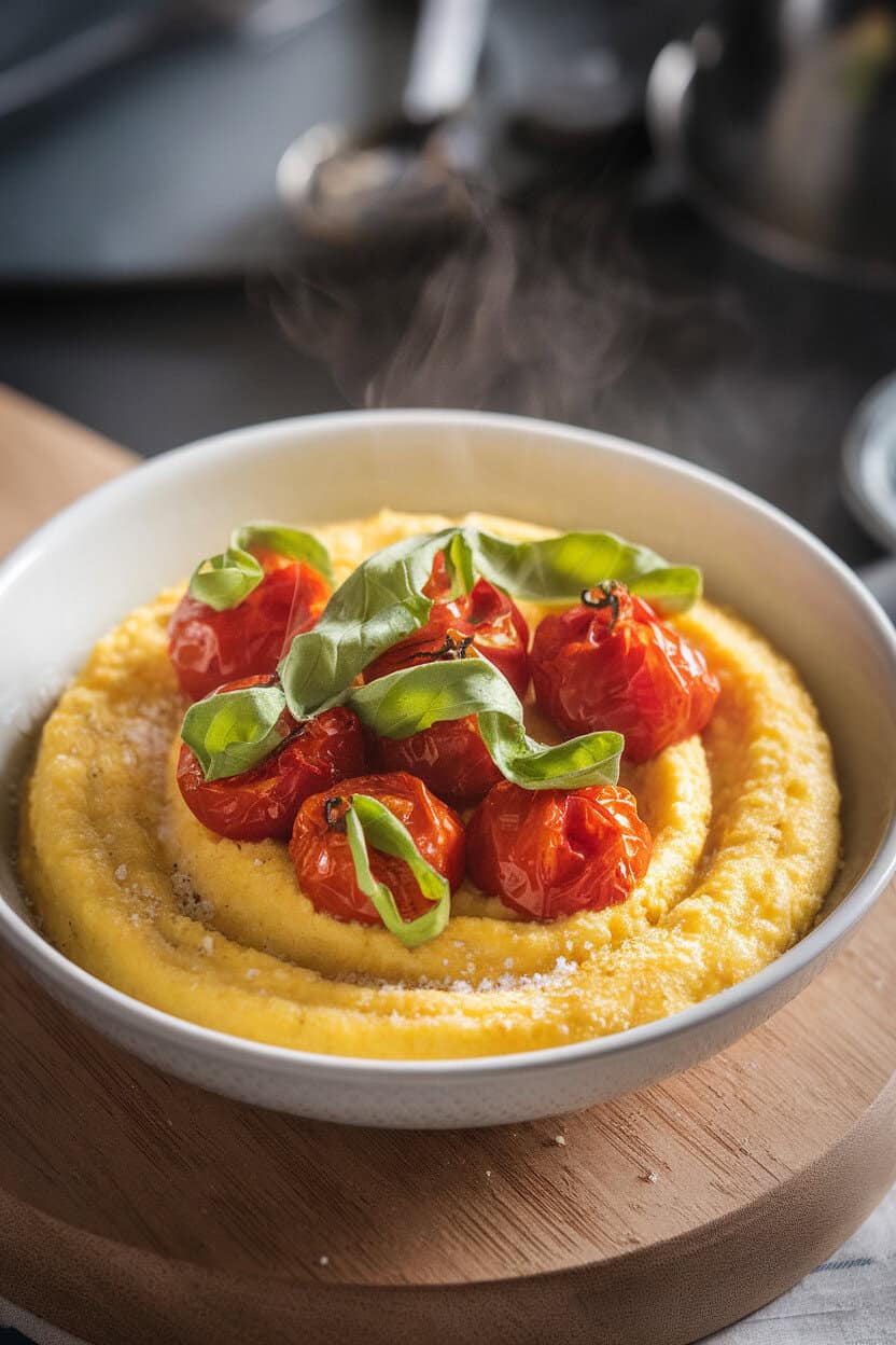 An indoor bowl of creamy yellow polenta topped with blistered cherry tomatoes and fresh basil ribbons, steam rising gently. No text or logos present.