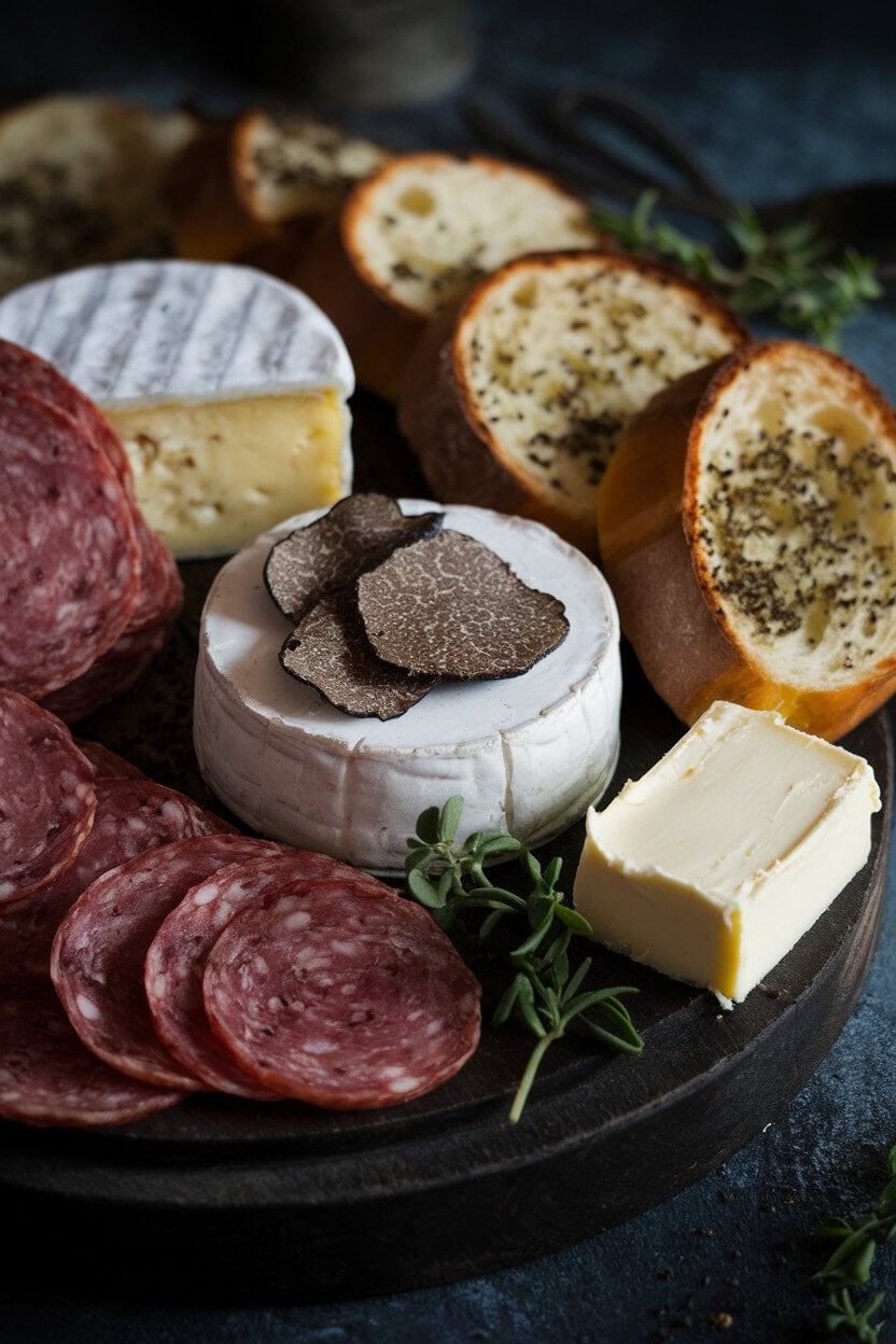 Indoor upscale photo of a dark wood board featuring truffle salami, truffle brie, shaved black truffle over butter, and toasted brioche slices, low moody lighting, no logos.