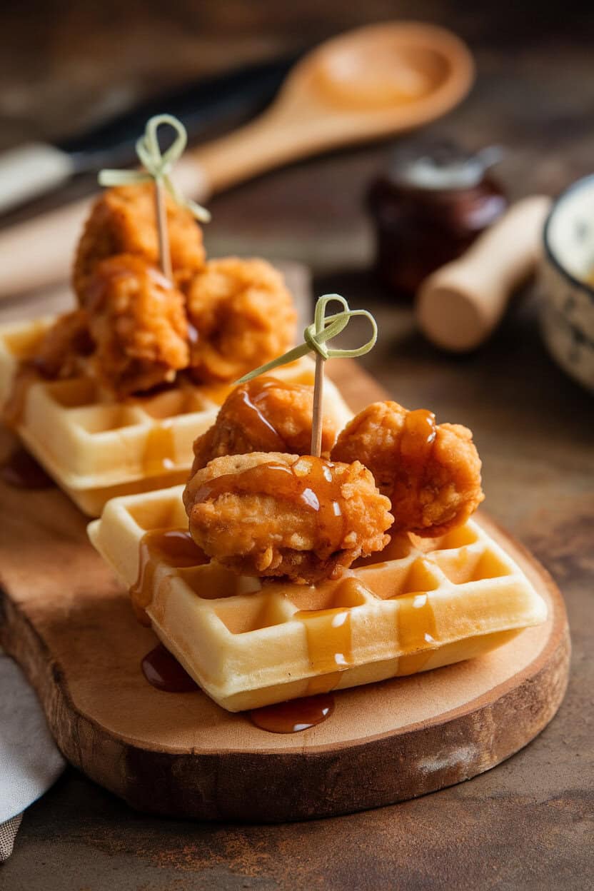 An indoor brunch-style photo of cocktail-size waffles topped with crispy fried chicken nuggets and a drizzle of maple syrup, toothpicks securing each stack. No text or logos.