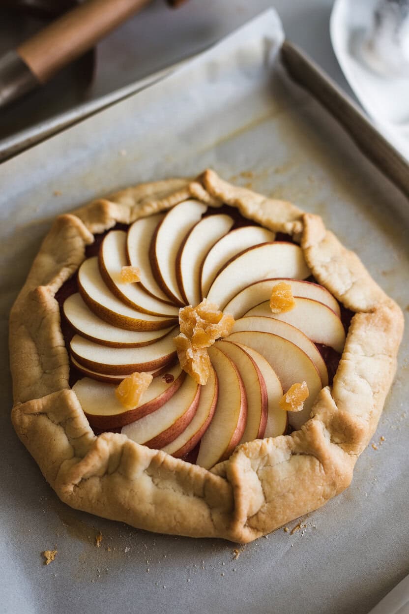 An indoor shot of a free-form pear galette on a parchment-covered baking sheet, thin pear slices fanned over flaky crust, bits of crystallized ginger visible. No text or logos. Photo, not illustration.
