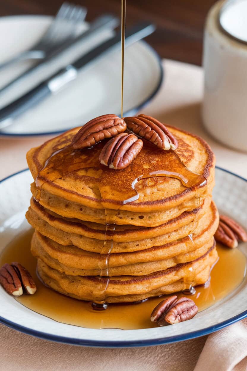 Photo of a stack of fluffy sweet potato pancakes topped with pecans and maple syrup on a breakfast table indoors. No text or logos.