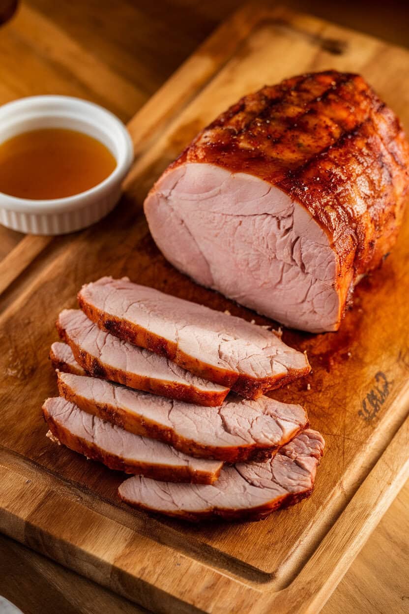 Indoor chopping board with smoke-ringed pork loin slices, small bowl of apple cider glaze alongside; warm lighting, no logos.