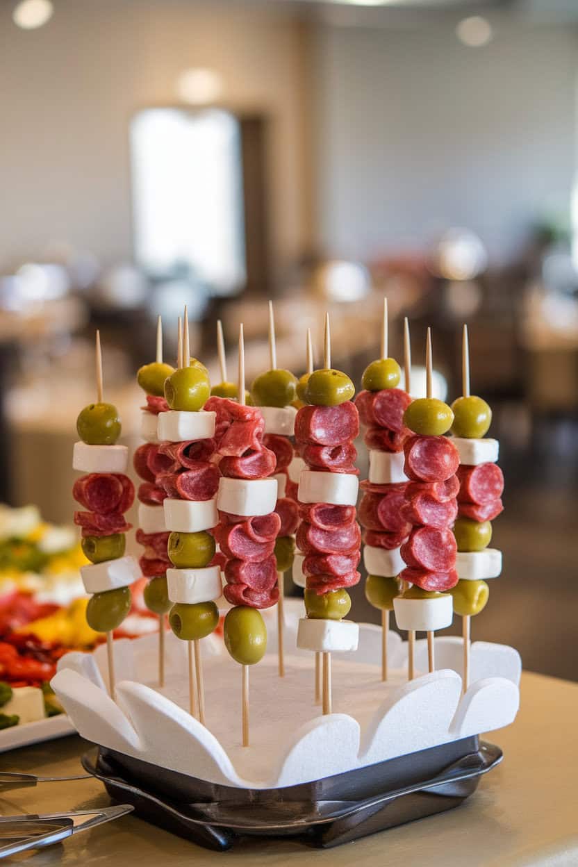 An indoor buffet photo of wooden skewers standing upright on a Styrofoam base, each loaded with salami curls, olives, mozzarella, and roasted peppers, resembling a miniature forest. No text or logos.