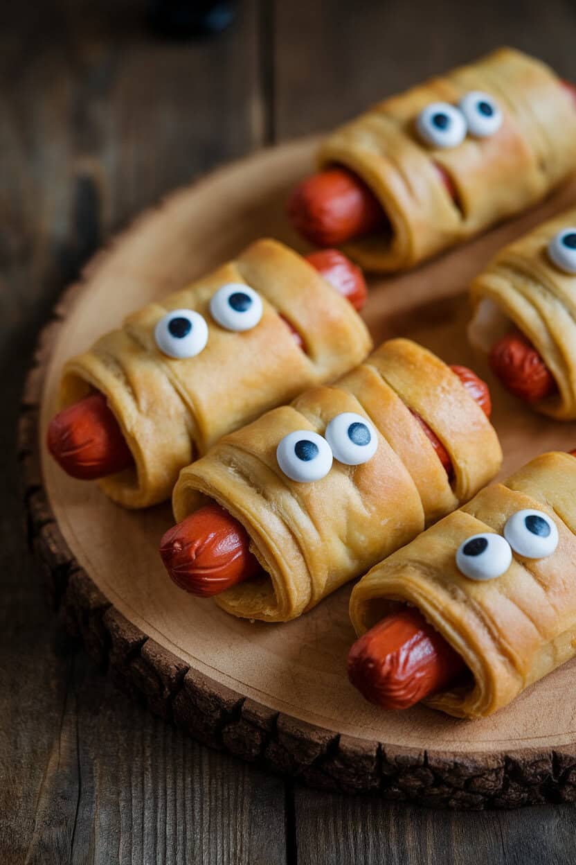 An indoor serving board with puff-pastry-wrapped hot dogs baked to golden brown, candy eyes peeking through the “bandages.” Soft, even lighting; no text or logos. Photo, not illustration.