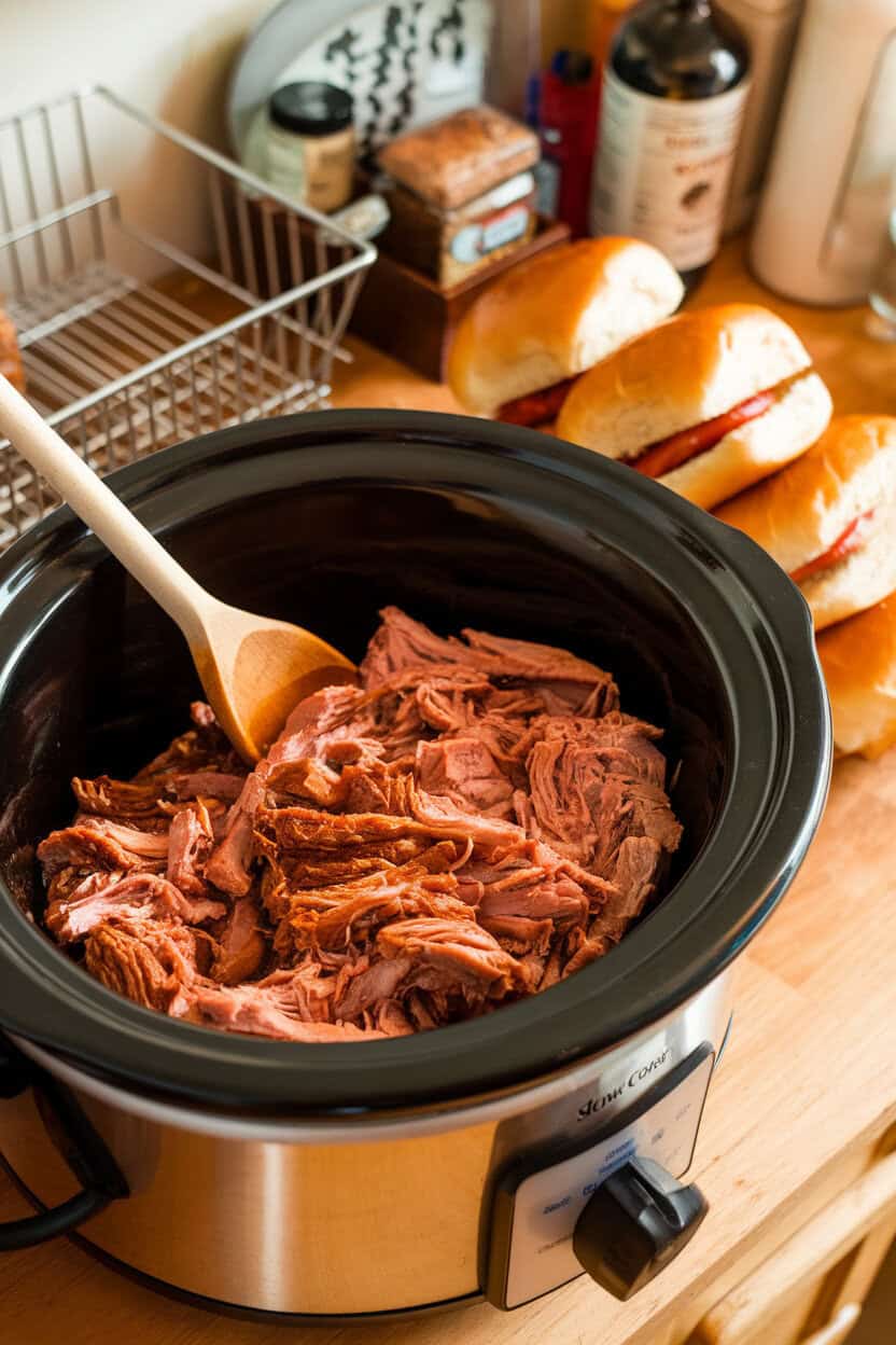 Indoor countertop scene with a slow cooker full of shredded barbecue pork, a wooden spoon resting inside, buns stacked nearby. No brand names or text visible.