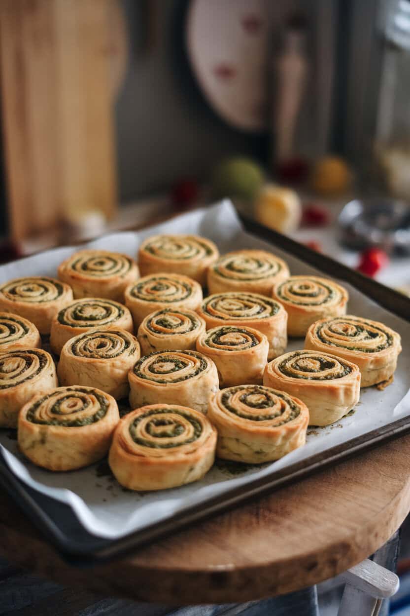 A baking sheet indoors featuring spiraled puff-pastry pesto pinwheels with lightly browned edges. No text or logos.