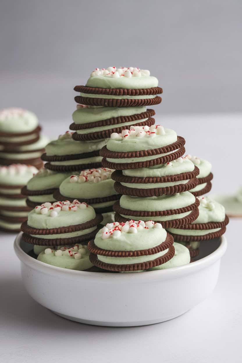 Indoor image of chocolate wafer cookies sandwiched with pale green peppermint frosting, stacked neatly. No text or logos.