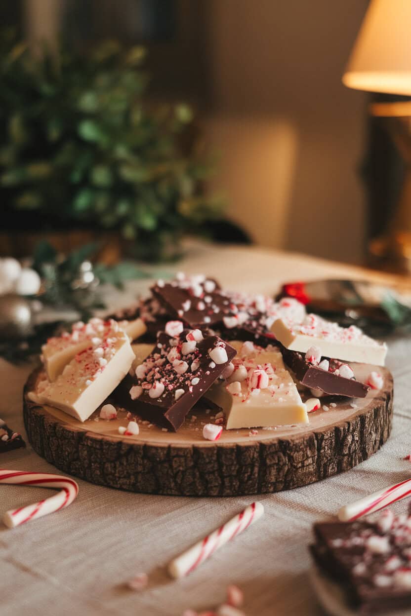 An indoor dining table with a rustic wooden board holding shards of white and dark chocolate peppermint bark, sprinkled with crushed candy canes. Warm ambient lighting, no text or logos visible. Photo, not illustration.