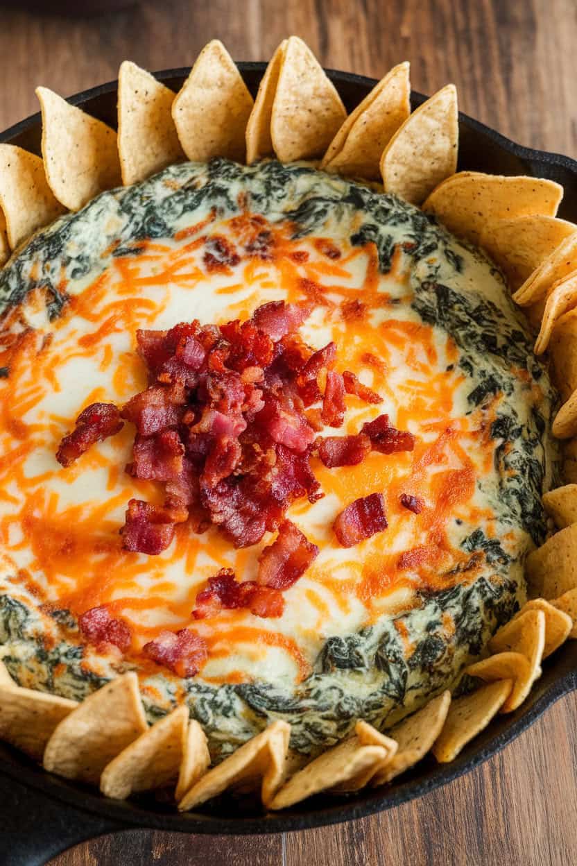 An indoor skillet of bubbling spinach bacon dip, cheese melted on top, with a ring of tortilla chips around the pan. No text or logos. Photo, not an illustration.
