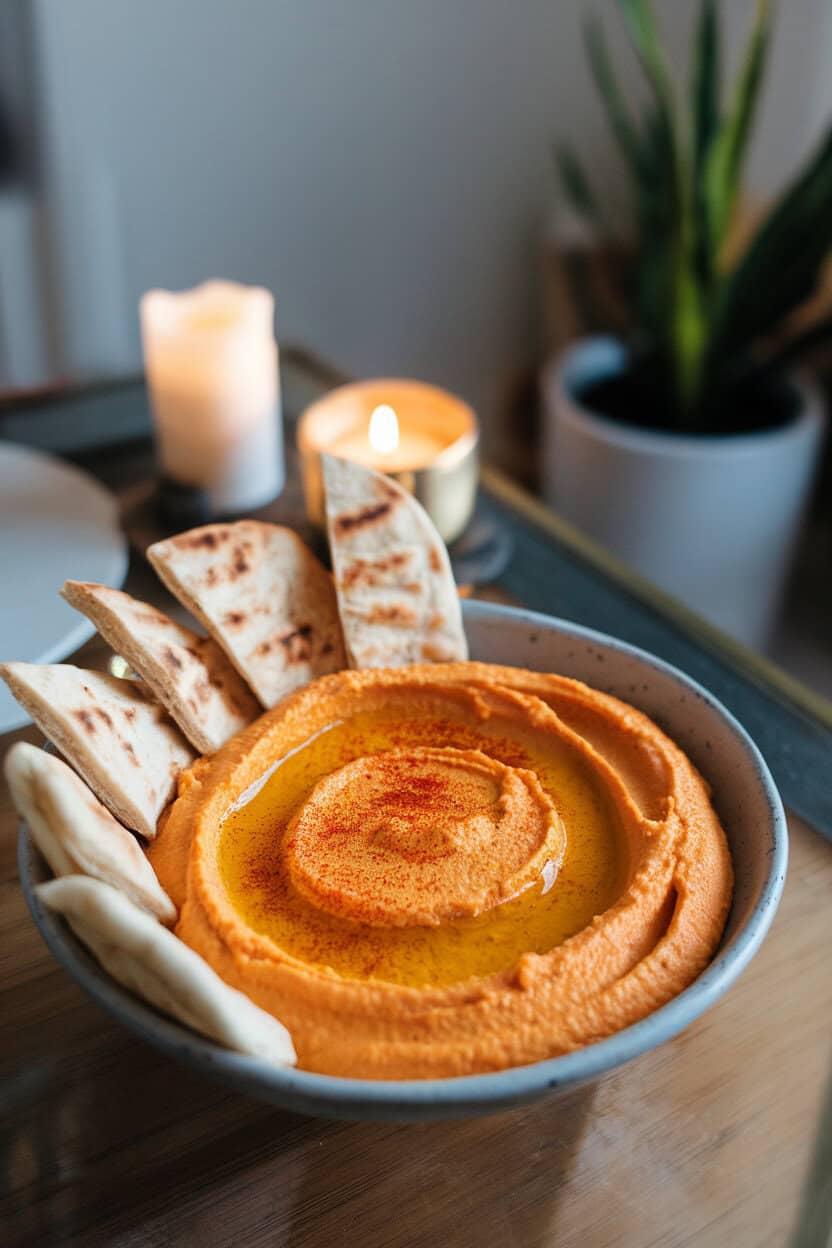 Photo of a shallow bowl of orange sweet potato hummus drizzled with olive oil and sprinkled with paprika, served with pita wedges on a coffee table indoors. No text or logos.