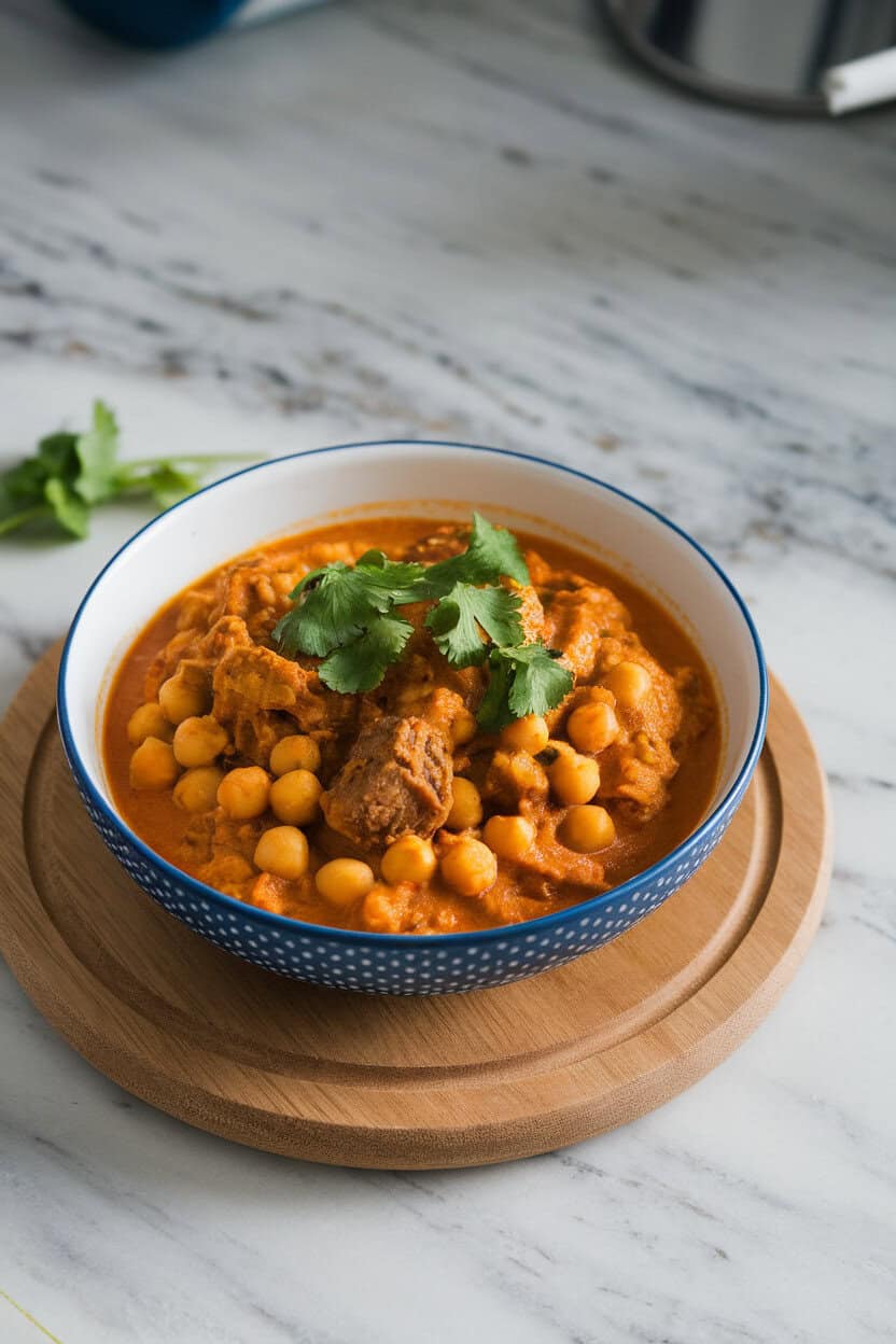 Photo of a bowl of cooked lamb and chickpea curry, topped with cilantro leaves, indoor countertop, no text or logos.