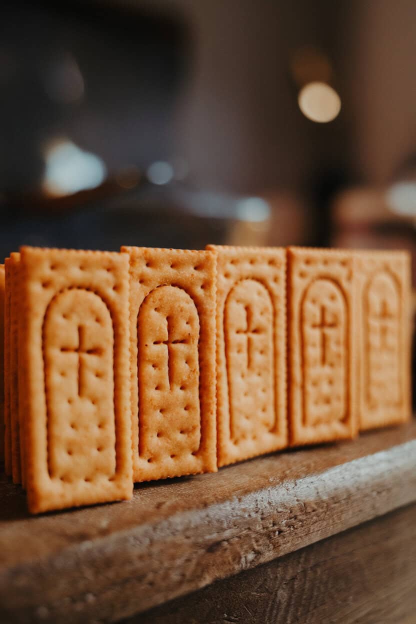 Indoor photo of rectangular cheddar crackers stamped with simple knife marks to look like tombstone etchings, standing upright in a line. No text or logos.