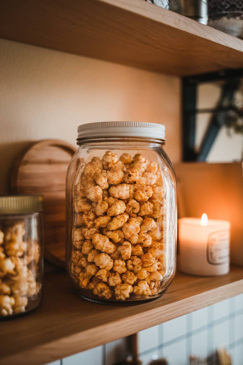 Photo, not illustration. Indoor jar overflowing with golden caramel corn dusted in cinnamon, placed on a kitchen shelf. No visible branding.