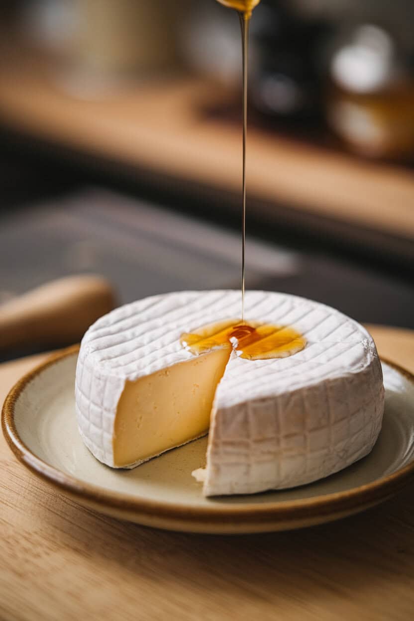 Cozy indoor photo of a small Brie wheel on a ceramic plate, one wedge cut out to show creamy interior, with a drizzle of honey on top. No text or logos.