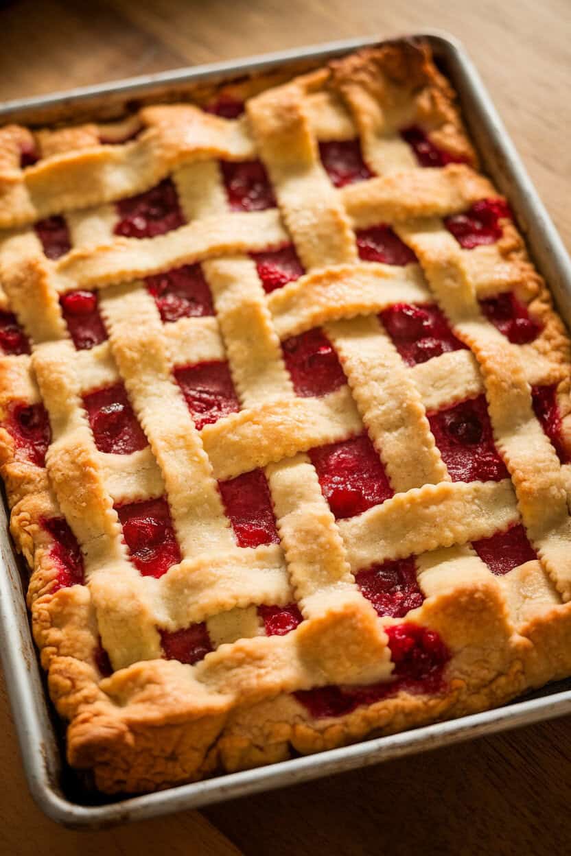 An indoor sheet pan holding a cranberry apple slab pie with lattice crust, ruby filling bubbling through. No text or logos.
