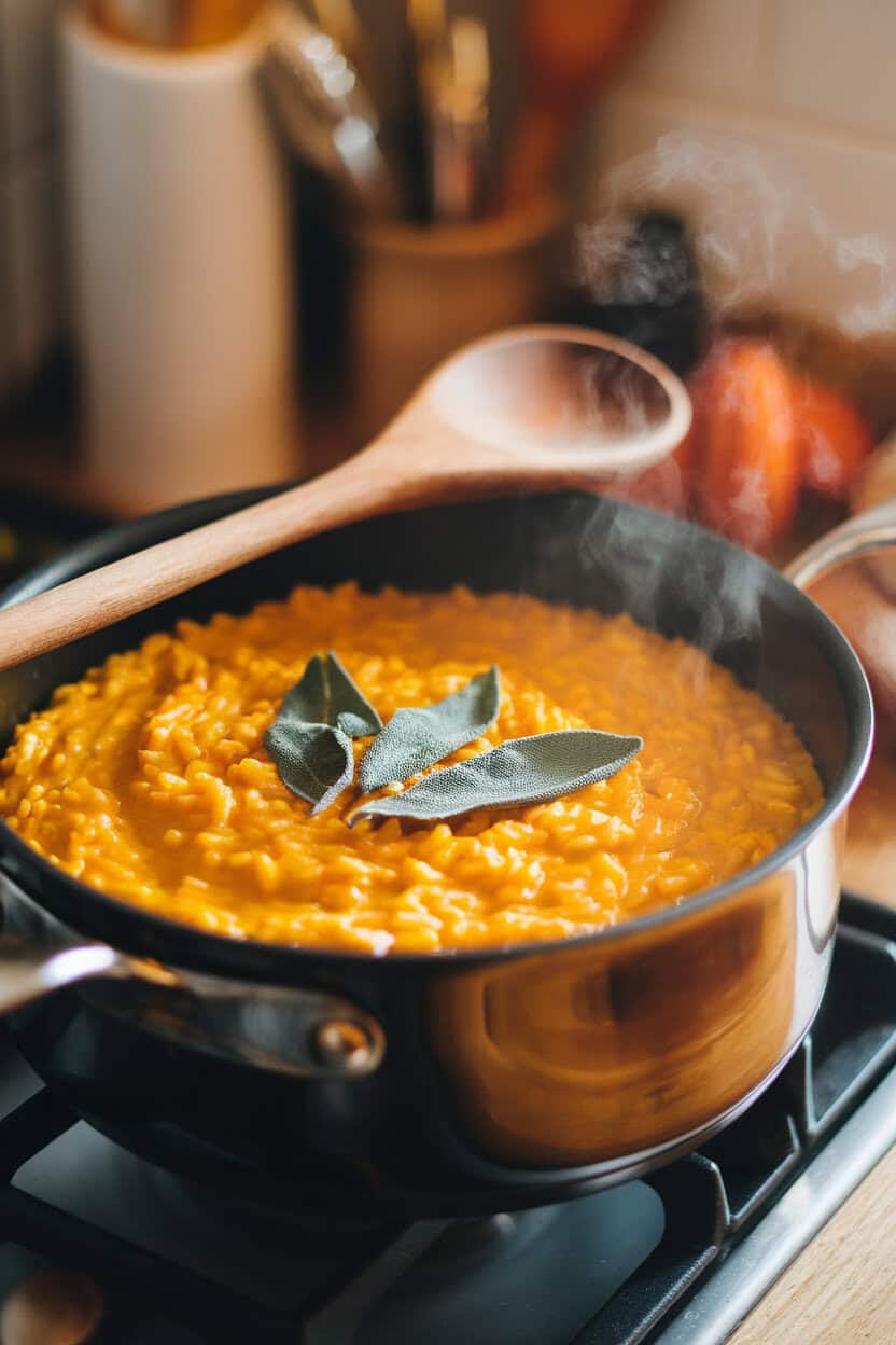 Indoor stovetop scene showing a pot of creamy pumpkin risotto, fresh sage leaves scattered on top, a wooden spoon resting against the rim. No text or logos. Photo, not an illustration.