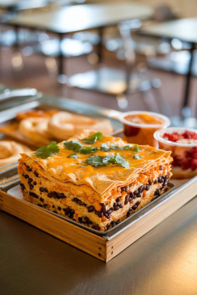 Indoor breakfast bar displaying a casserole layered with corn tortillas, black beans, and cheddar, speckled with cilantro. No logos or text visible. Photo.
