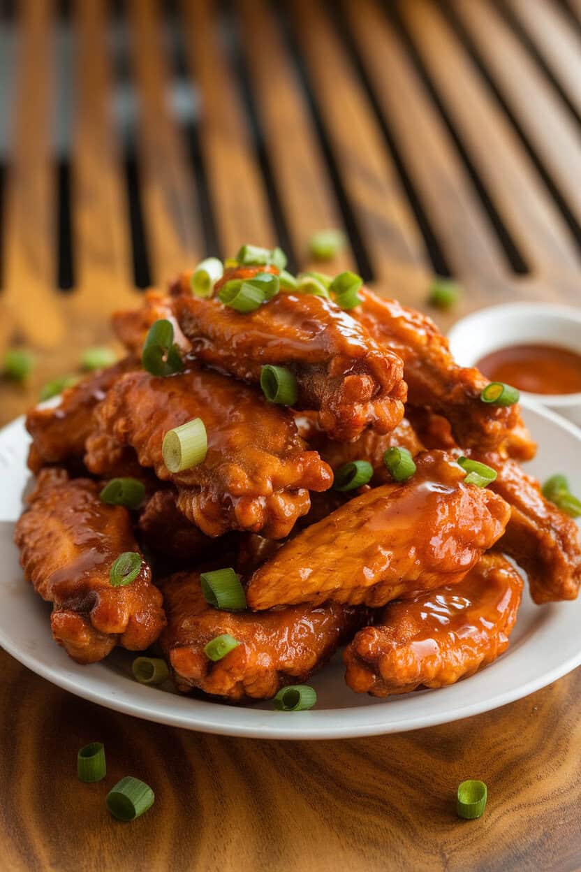 An indoor platter of crispy chicken wings glazed in honey-garlic sauce, scallions scattered—photo, no text or logos