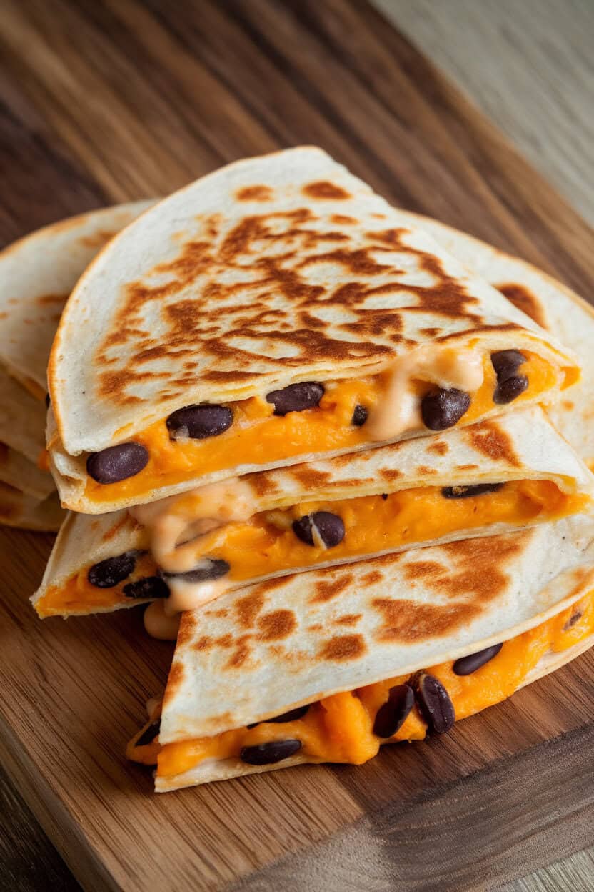 Indoor photo of a sliced quesadilla with orange squash purée, melty cheddar, and black beans oozing at the cut; placed on a wooden board, no text or logos.