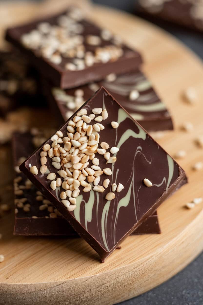 Indoor close-up of dark-chocolate toffee marbled with tahini and sprinkled with toasted sesame seeds. No text or logos.